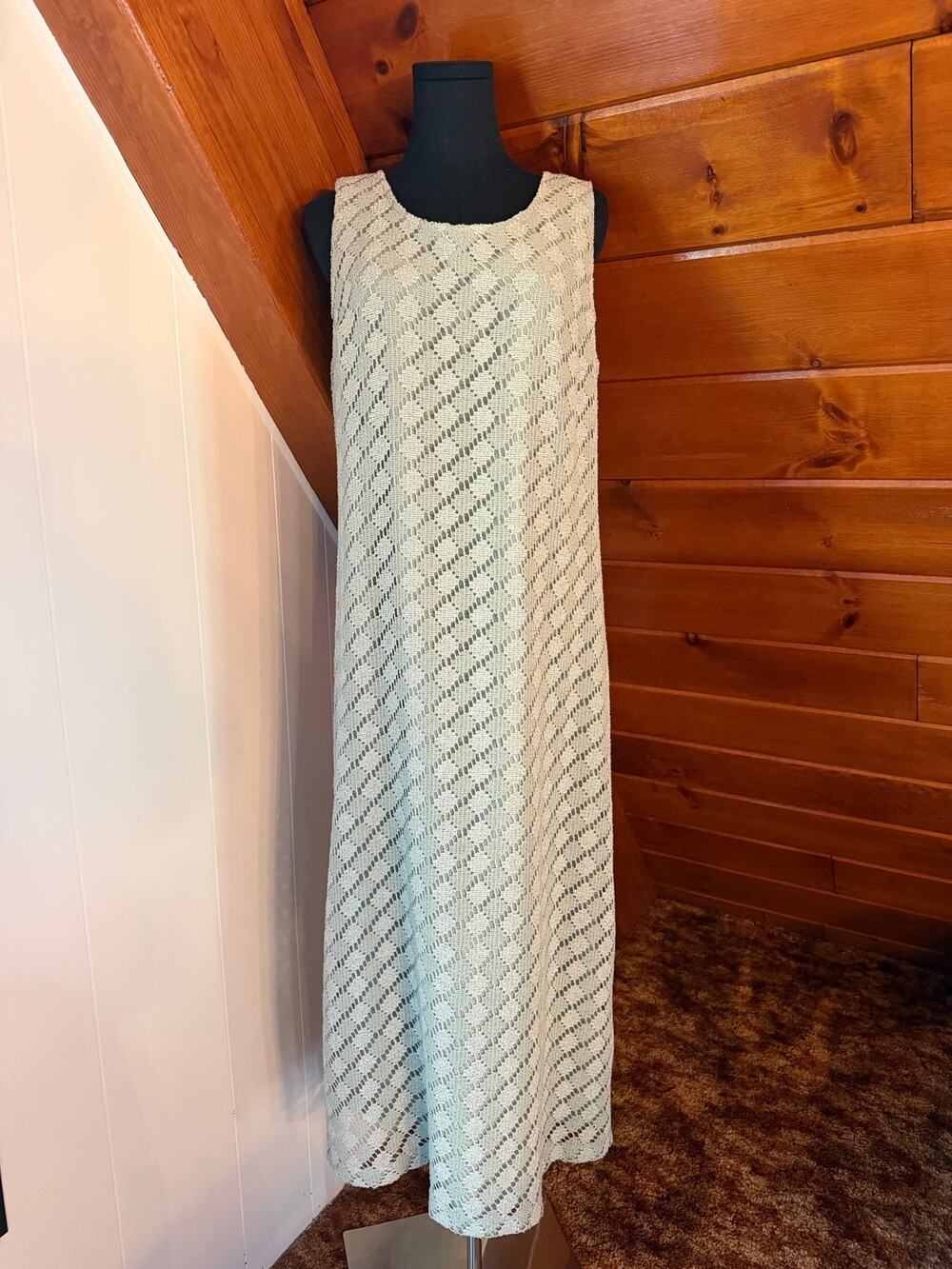 Vintage 70s Florentine Open Knit Maxi Dress Sage Green Boho Crochet Maxi Dress